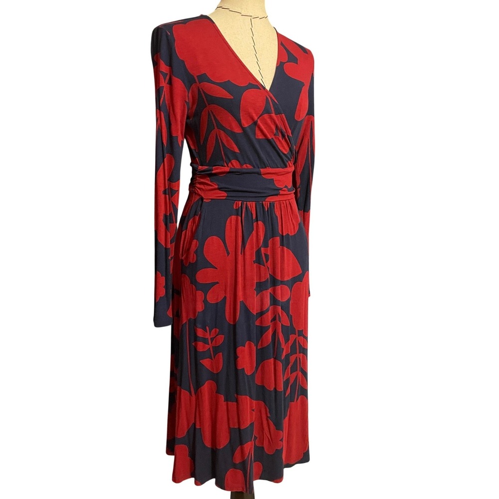 Boden Jersey Midi V-Neck Long Sleeve Dress Red Navy Floral US 6L - Picture 4 of 9